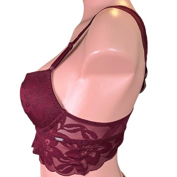 Victoria's Secret PINK Lace Longline‎ Strappy Push-Up XS  - Rich Burgundy Ruffle - Picture 2 of 7